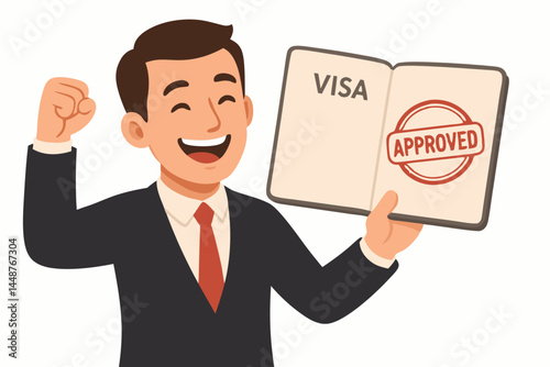Successful businessman ecstatic about visa approval, holding open passport with red 'Approved' stamp. Flat vector illustration concept for immigration, international travel, work permit.