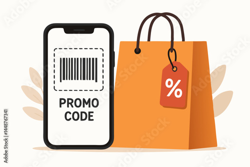 Vector graphic of mobile phone showing promo code barcode for online shopping discount, alongside a paper bag with percentage sale tag for retail promotion and digital coupon.
