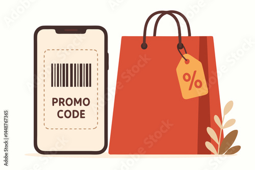 Mobile phone screen displaying promo code barcode for online shopping discount next to red retail bag with percentage tag, illustrating e-commerce promotion and digital sale offers.