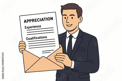 Smiling businessman in suit holding an open envelope with an appreciation letter detailing experience and qualifications. Professional vector illustration for HR and recruitment concepts.