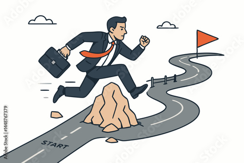 Ambitious businessman with briefcase overcoming challenges, leaping over a rock obstacle on the winding path from start to finish, representing the journey to business success and goal achievement.