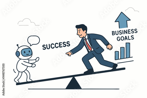 AI Robot and Businessman Teamwork for Achieving Success and Business Goals, Artificial Intelligence Assistance Boosting Entrepreneurial Growth, Innovation, Leadership, and Corporate Success