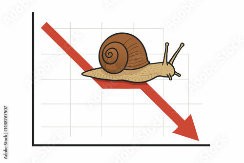 Slow Progress Concept with Cartoon Snail Crawling on Downward Red Arrow Graph Symbolizing Declining Growth, Stagnation, Economic Recession, Market Loss, Financial Crisis, or Business Failure