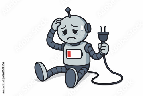Sad Cute Cartoon Robot Sitting with Low Battery Warning Holding Power Plug, Feeling Tired and Drained, Adorable Futuristic Character Illustrating Exhaustion and Need for Energy Recharge