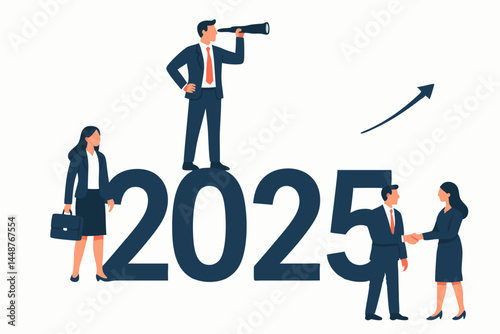 Visionary Business Team Planning for 2025 Growth, Leadership, and Success with Creative Strategy, Professional Collaboration, and Future Goals Illustrated in Modern Corporate Vector