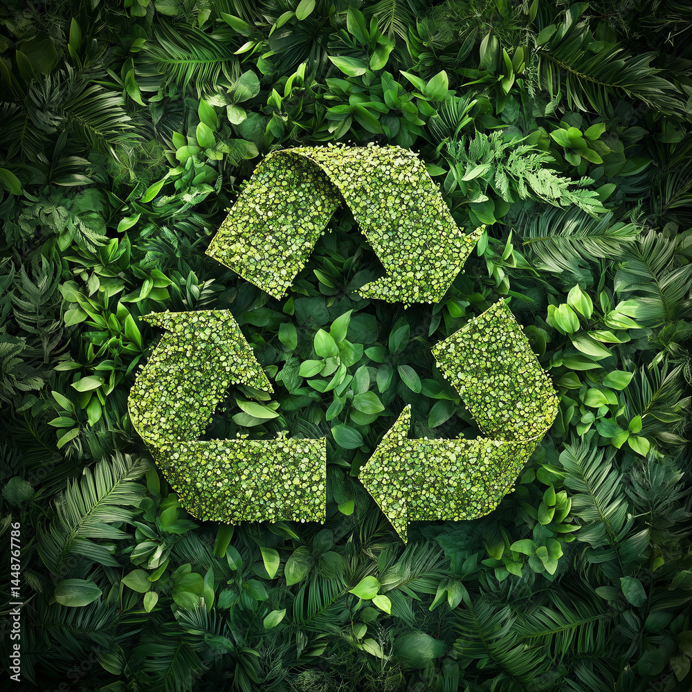 Imagem ilustrando o ciclo de reciclagem com fundo verde arborizado, destacando a conexão entre a natureza e as práticas ecológicas. A foto promove a conscientização sobre o cuidado com o meio ambiente