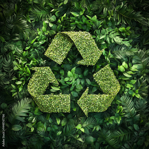 Obraz na płótnie Imagem ilustrando o ciclo de reciclagem com fundo verde arborizado, destacando a conexão entre a natureza e as práticas ecológicas. A foto promove a conscientização sobre o cuidado com o meio ambiente w salonie