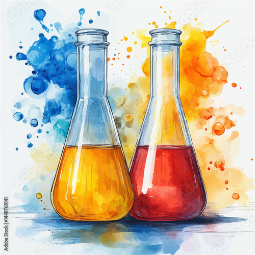 Chemical Reaction Inside A Test Tube, watercolor vector, isolated on a white background.