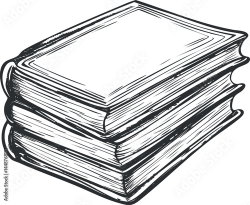 Black and white hand drawn illustration of a stack of three hardcover books with visible pages and spines
