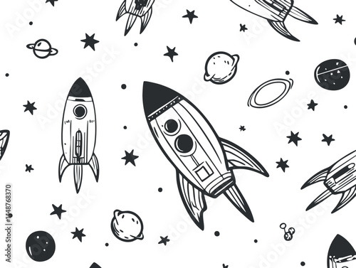 Black and white seamless pattern with rockets, planets, and stars for space-themed designs