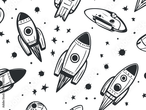 Seamless black and white pattern of cartoon rockets and spaceships flying among stars in space