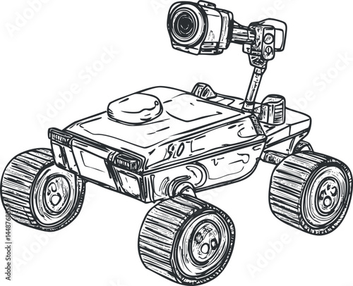 Hand drawn sketch of a robotic Mars rover with camera and large wheels for planetary exploration