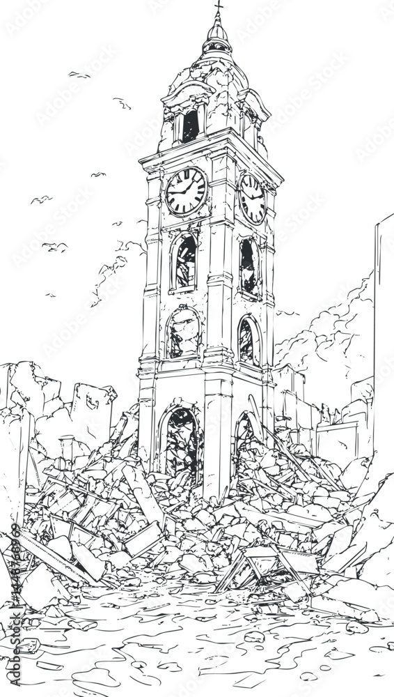 Obraz premium Black and white line art of a clock tower standing amid rubble and ruins after destruction in an urban setting