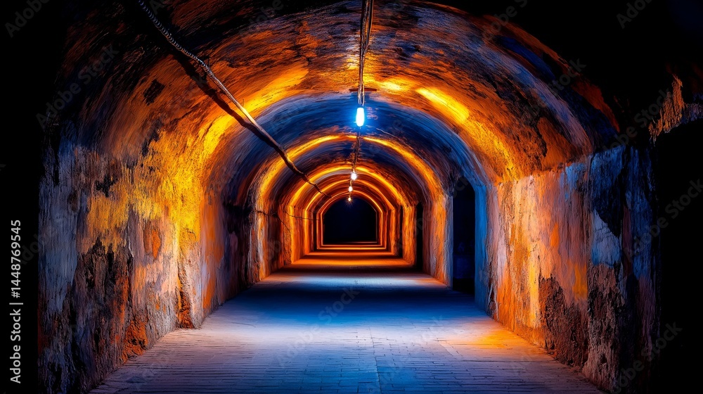 Eerie, a mysterious tunnel beckons, illuminated by warm, flickering lights, suggesting adventure or a hidden past, perfect for fantasy, horror, or dramatic storytelling. Eerie, a mysterious tunnel beckons, illuminated by warm, flickering lights, suggesting adventure or a hidden past, perfect for fantasy, horror, or dramatic storytelling.