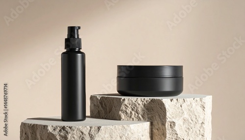 3D Render of Matte Black Cosmetic Containers on Stone Pedestal for Branding