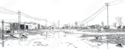 Black and white sketch of a devastated urban street with destroyed buildings and debris