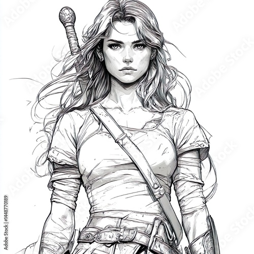A black and white line drawing of a female ancient warrior in comic style with a female body.