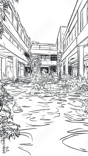 Line art illustration of a courtyard between modern buildings with plants and vines growing around