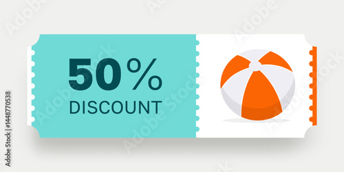 Summer Sale Discount Coupon. Colorful summer-themed 50 discount ticket featuring beach ball. Vector illustration. Ideal for promoting summer sales, travel deals, and tropical holiday offers.