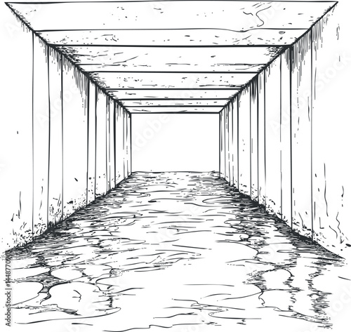 Black and white sketch of an empty underground tunnel with textured walls and floor in perspective view