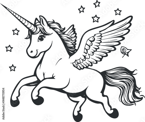 Black and white illustration of a winged unicorn flying surrounded by stars, fantasy magical creature