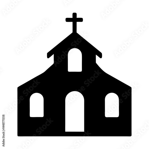 Simple black silhouette illustration of a church building with a cross