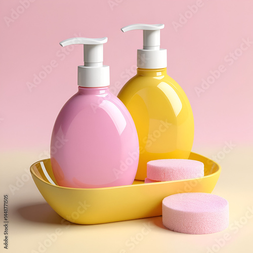Yellow jar of liquid soap and pink soap in yellow soap-dish on a white background. 3d render. photo