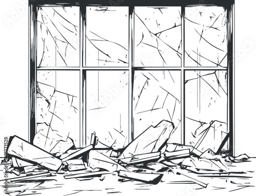 Illustration of a broken window with shattered glass panes and scattered debris on the floor