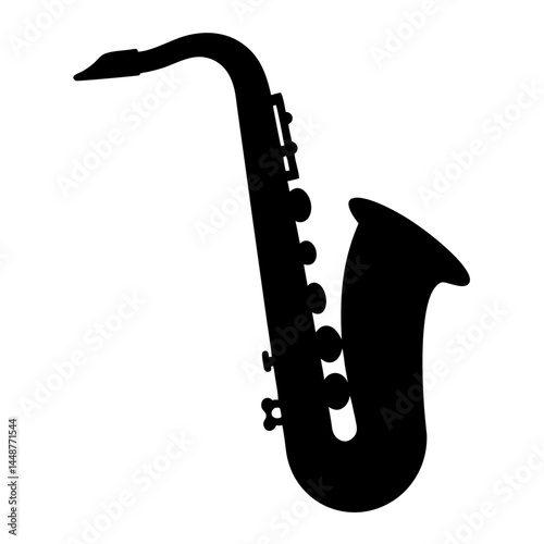 Elegant black saxophone silhouette set against a pristine white background creating contrast