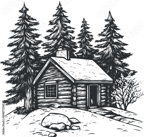 Rustic wooden cabin surrounded by tall pine trees and snow in a serene winter forest landscape