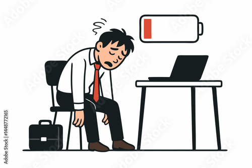 Tired office worker slumped at desk with low battery icon overhead, cartoon vector illustration depicting employee burnout, exhaustion, fatigue, stress, and lack of energy from overwork.