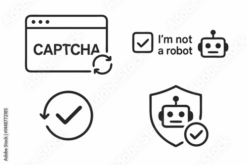 CAPTCHA & Bot Detection Line Icon Pack: Vector graphic set including 'I'm not a robot' checkbox, security shield, website verification tick, refresh symbol for UI/UX design elements.