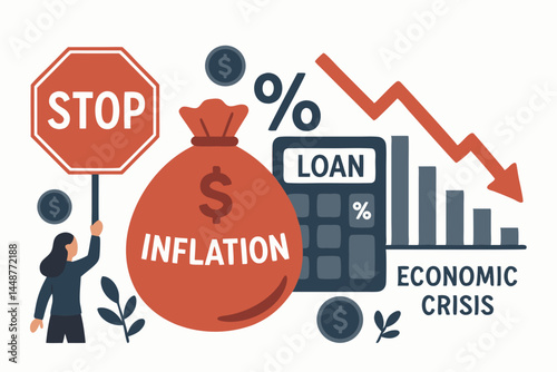 Stop inflation concept vector graphic showing economic crisis with falling graph, money bag, loan calculator, percentage sign, and businesswoman protesting rising costs.
