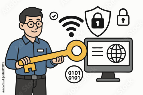 Cybersecurity concept vector illustration shows IT professional with large digital key ensuring secure wireless network access, data protection with padlock, shield, and computer icons.