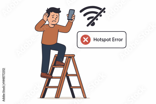 Man climbs ladder searching for phone signal, facing hotspot error and no Wi-Fi connection, frustrated with network problems, wireless connectivity failure, vector cartoon illustration.