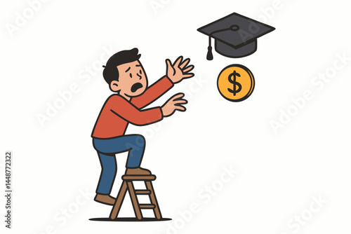 Cartoon student nervously climbing a stool, reaching for an out-of-reach graduation cap and dollar symbol, representing the struggle with high tuition costs and student loans.