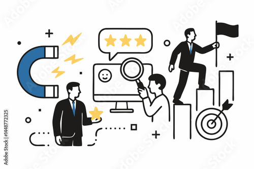 Strategic Reputation Management Concept Illustration Showing Customer Feedback Analysis, Online Reviews, Client Attraction Magnet, Business Growth Steps, and Achieving Company Goals.