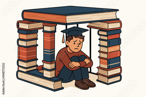 Overwhelmed student wearing graduation cap feels trapped under heavy stacks of books, symbolizing academic pressure, exam stress, and the burden of knowledge in education vector illustration.