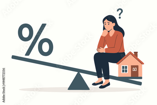 Thoughtful woman weighing property purchase decision, balancing home investment against rising mortgage interest rates on a seesaw. Financial dilemma and real estate uncertainty vector concept.
