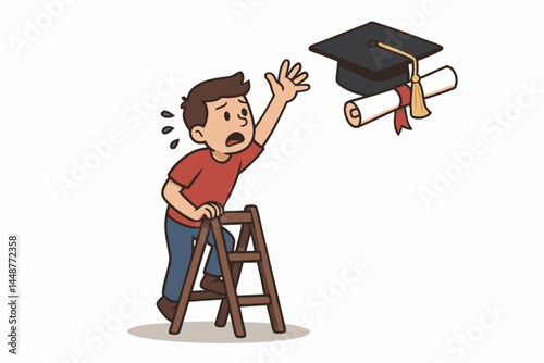 Cartoon student sweating on ladder, desperately reaching for elusive graduation cap and diploma scroll, symbolizing the struggle and difficulty of academic achievement vector graphic.
