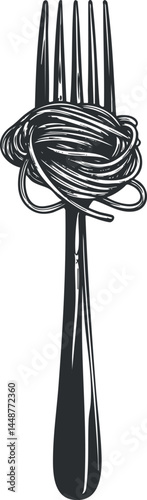 Black and white illustration of a fork with spaghetti noodles twirled around it, representing Italian cuisine