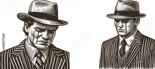 Set of Engraving Designs Featuring a Gangster in a Suit Crying – Detailed Emotional Artwork for Engraving,  gangster, suit, etching, crying, illustration, engraving, monochrome, emotion, woodcut