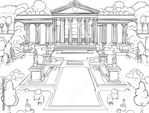 Black and white line drawing of a classical museum building with columns and statues in a landscaped garden.