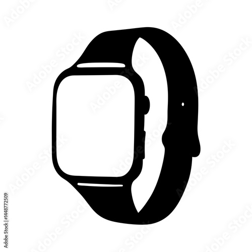 Black and white silhouette image of a modern smartwatch with band