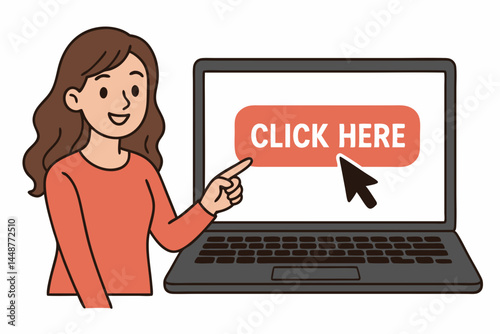 Vector illustration of a friendly woman pointing to a red 'Click Here' CTA button on a computer screen, concept for online registration, purchase, website interaction, user guidance.