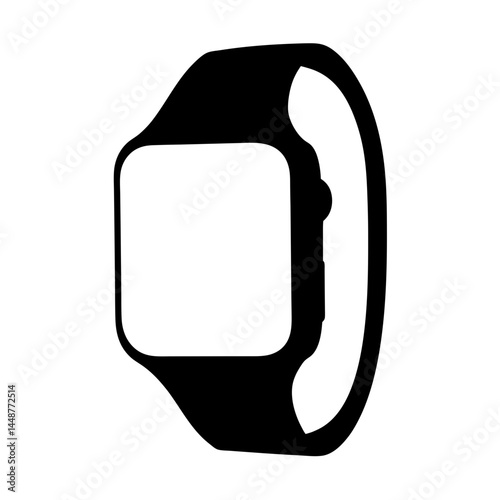 A black and white graphical rendering of a modern smart watch device