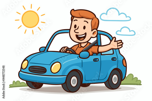 Cheerful young man enjoys a sunny day drive in his compact blue car, smiling and waving enthusiastically. Vector graphic representing happy travels, commuting, and driving enjoyment.