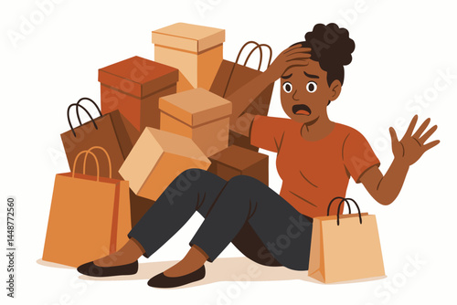 Stressed African American woman shopper overwhelmed by too many shopping bags and boxes, sitting exhausted on floor, illustrating consumerism, debt, or retail fatigue vector.