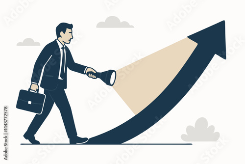 Businessman with flashlight guiding the way forward on an upward arrow path representing career growth, business strategy, vision, leadership, and future success vector illustration.