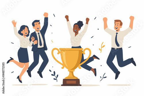 Happy diverse business people celebrating a major win, jumping excitedly around a golden trophy. Modern vector art depicting teamwork, success, corporate achievement, and joy.